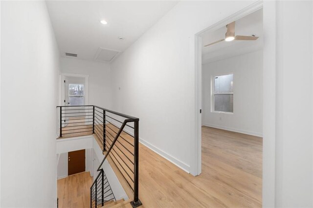 unfurnished room featuring ceiling fan and light hardwood / wood-style flooring