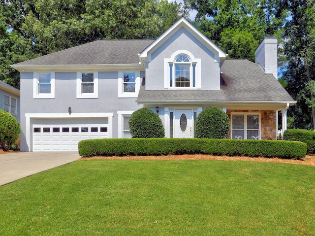 750 Whitehall Way, Roswell, GA 30076 - traditional-style house with a garage, a front lawn, concrete driveway, a chimney, and roof with shingles