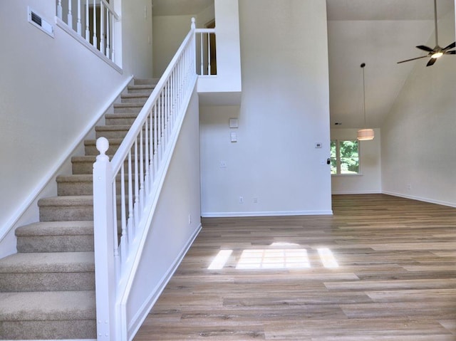 750 Whitehall Way, Roswell, GA 30076 - stairway featuring high vaulted ceiling, wood finished floors, and a ceiling fan