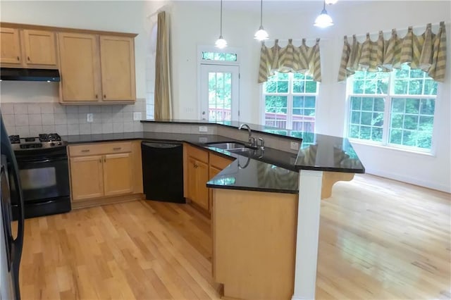 430 English Ivy Way, Woodstock, GA 30188 - kitchen with black appliances, under cabinet range hood, light wood finished floors, and a peninsula