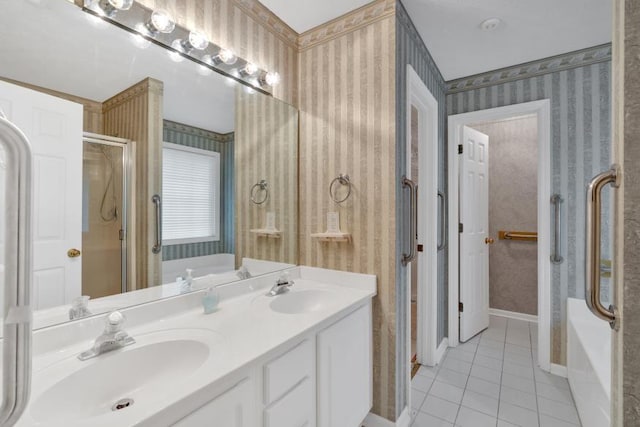 209 Southerness Ct, Stockbridge, GA 30281 - bathroom with wallpapered walls, tile patterned floors, and double vanity