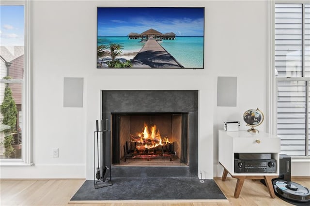 detailed view of wood finished floors and a warm lit fireplace