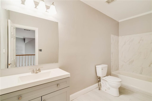 bathroom with vanity, baseboards, toilet, ornamental molding, and visible vents