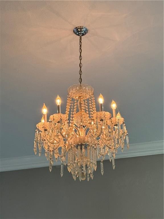 details featuring ornamental molding and an inviting chandelier