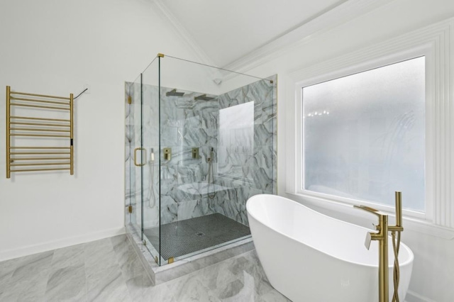 bathroom with lofted ceiling, radiator heating unit, ornamental molding, and independent shower and bath