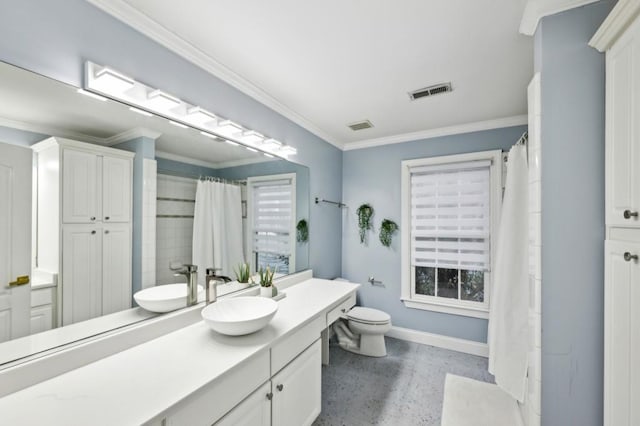 bathroom with concrete flooring, ornamental molding, vanity, and toilet