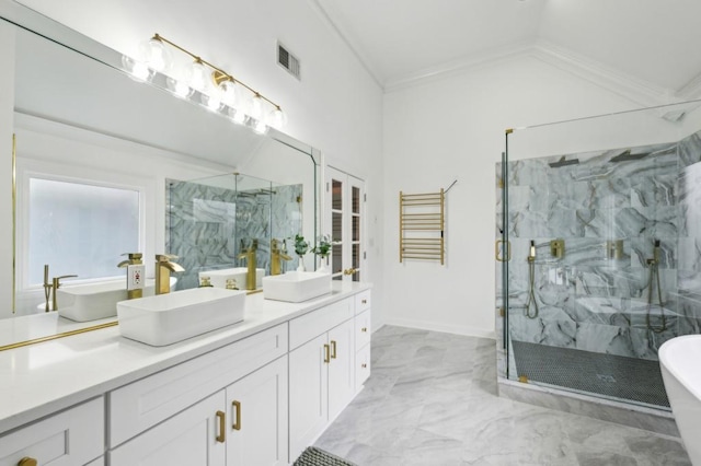 bathroom with lofted ceiling, crown molding, vanity, french doors, and independent shower and bath