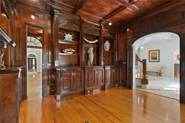 4340 Candacraig, Johns Creek, GA 30022 - foyer entrance with wooden ceiling with exposed beams, arched walkways, stairway, light wood finished floors, and ornamental molding