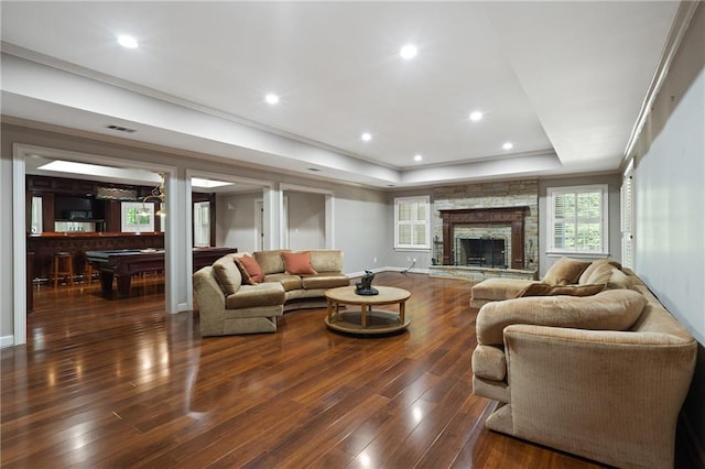 4340 Candacraig, Johns Creek, GA 30022 - living area featuring a raised ceiling, wood finished floors, a fireplace, billiards, and baseboards