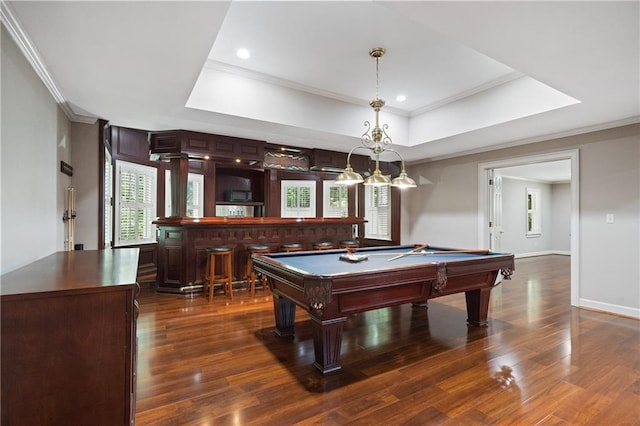 4340 Candacraig, Johns Creek, GA 30022 - rec room with a tray ceiling, ornamental molding, dark wood finished floors, billiards, and recessed lighting