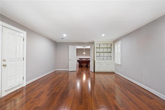 4340 Candacraig, Johns Creek, GA 30022 - unfurnished living room with ornamental molding, dark wood-style floors, baseboards, and recessed lighting