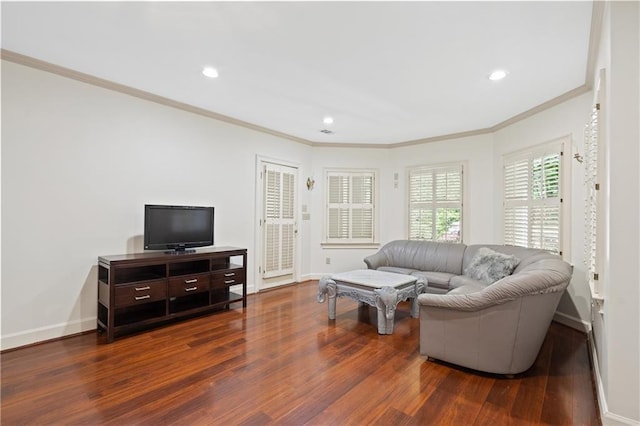 4340 Candacraig, Johns Creek, GA 30022 - living room with crown molding, wood finished floors, baseboards, and recessed lighting