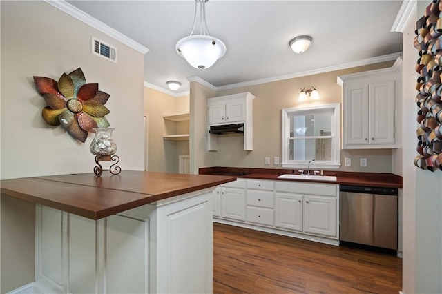 4340 Candacraig, Johns Creek, GA 30022 - kitchen featuring stainless steel dishwasher, butcher block counters, a sink, under cabinet range hood, and white cabinets