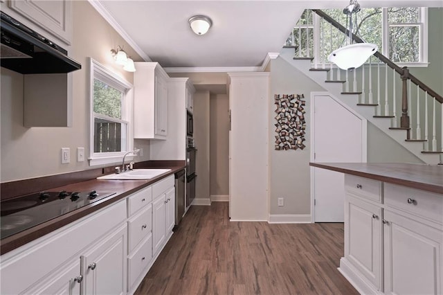 4340 Candacraig, Johns Creek, GA 30022 - kitchen featuring a sink, black appliances, under cabinet range hood, dark wood-style floors, and ornamental molding