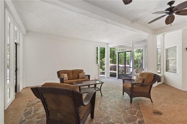 4340 Candacraig, Johns Creek, GA 30022 - living room featuring ceiling fan, beam ceiling, and stone finish flooring