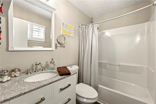 bathroom with a textured ceiling, vanity, toilet, and shower / tub combo with curtain