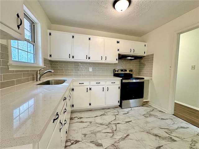 kitchen with white cabinets, decorative backsplash, stainless steel electric stove, and sink