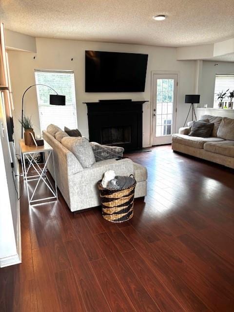 7178 Glaspie Way, Atlanta, GA 30349 - living room with a textured ceiling, a fireplace with flush hearth, and dark wood-style flooring