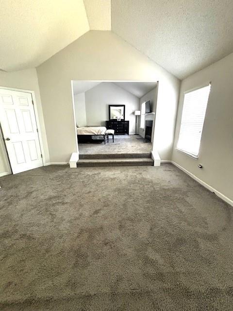 7178 Glaspie Way, Atlanta, GA 30349 - unfurnished bedroom featuring carpet floors, vaulted ceiling, and a fireplace