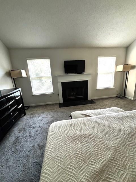 7178 Glaspie Way, Atlanta, GA 30349 - carpeted bedroom featuring a textured ceiling, multiple windows, and a fireplace with flush hearth