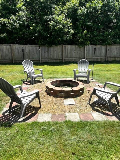 7178 Glaspie Way, Atlanta, GA 30349 - fenced backyard featuring an outdoor fire pit