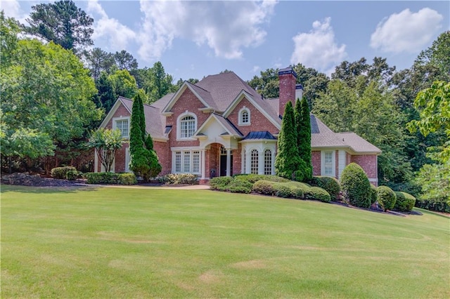 1485 Rolling Links Dr, Alpharetta, GA 30004 - view of front of property featuring a front lawn, a chimney, and brick siding