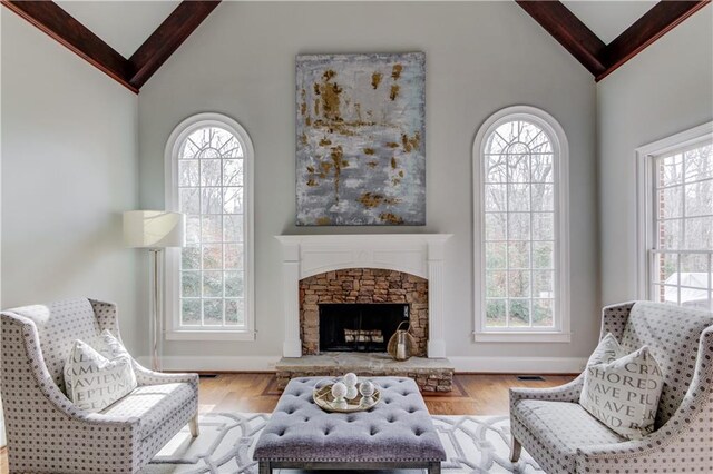 1485 Rolling Links Dr, Alpharetta, GA 30004 - living room featuring beam ceiling, baseboards, high vaulted ceiling, plenty of natural light, and wood finished floors