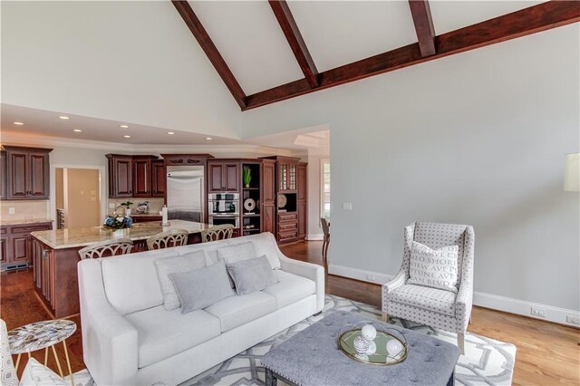 1485 Rolling Links Dr, Alpharetta, GA 30004 - living room featuring high vaulted ceiling, beam ceiling, baseboards, and dark wood-type flooring