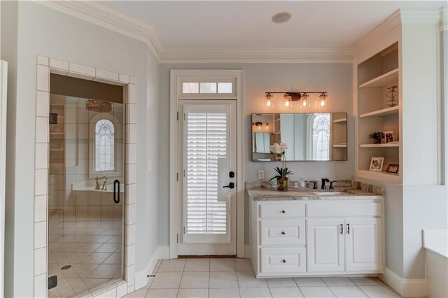 1485 Rolling Links Dr, Alpharetta, GA 30004 - bathroom with a stall shower, vanity, plenty of natural light, tile patterned floors, and crown molding