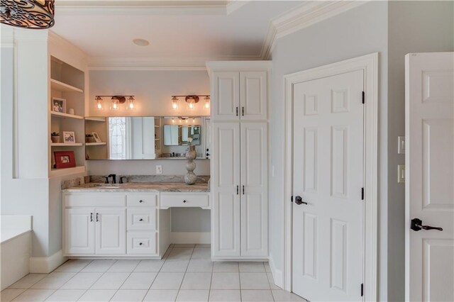 1485 Rolling Links Dr, Alpharetta, GA 30004 - bathroom with a stall shower, vanity, plenty of natural light, tile patterned floors, and crown molding