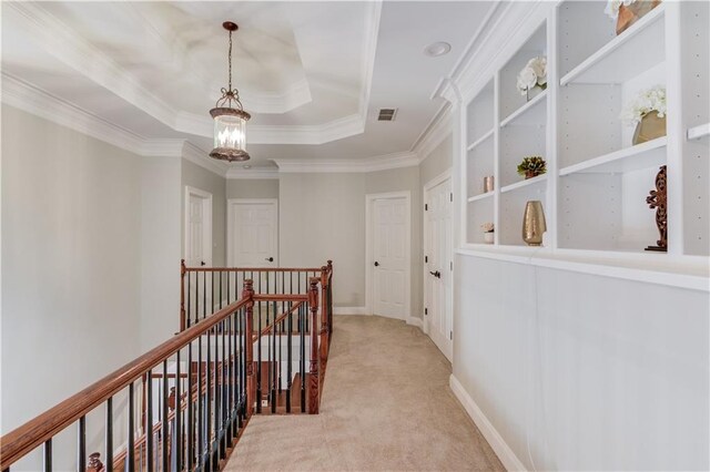 1485 Rolling Links Dr, Alpharetta, GA 30004 - hall featuring an upstairs landing, a tray ceiling, carpet flooring, a chandelier, and ornamental molding
