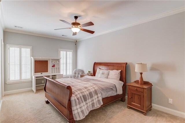 1485 Rolling Links Dr, Alpharetta, GA 30004 - bedroom with light colored carpet, baseboards, ornamental molding, and a ceiling fan