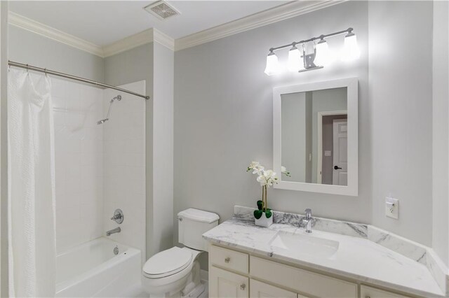 1485 Rolling Links Dr, Alpharetta, GA 30004 - bathroom with vanity, toilet, shower / tub combo with curtain, and crown molding