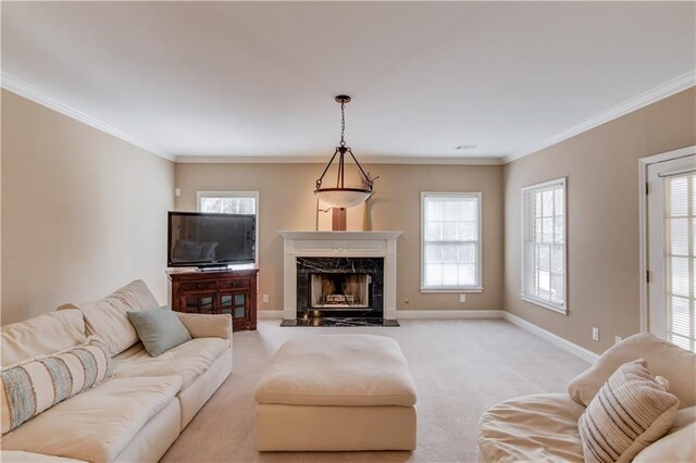 1485 Rolling Links Dr, Alpharetta, GA 30004 - living room with light colored carpet, a fireplace, baseboards, and crown molding