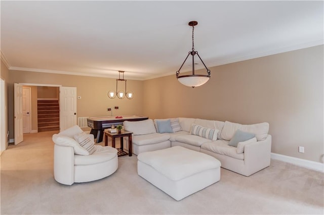 1485 Rolling Links Dr, Alpharetta, GA 30004 - carpeted living room featuring crown molding, baseboards, and stairway