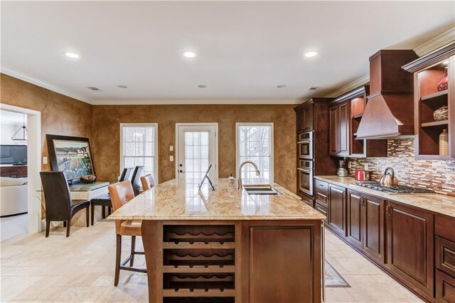 1485 Rolling Links Dr, Alpharetta, GA 30004 - carpeted living room featuring crown molding, baseboards, and stairway