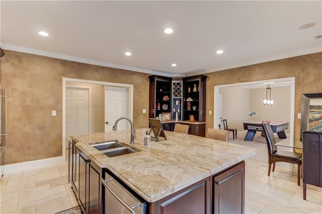 1485 Rolling Links Dr, Alpharetta, GA 30004 - kitchen with a sink, stainless steel appliances, crown molding, a breakfast bar area, and open shelves