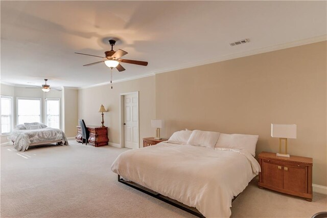 1485 Rolling Links Dr, Alpharetta, GA 30004 - bedroom with light carpet, ornamental molding, baseboards, and ceiling fan