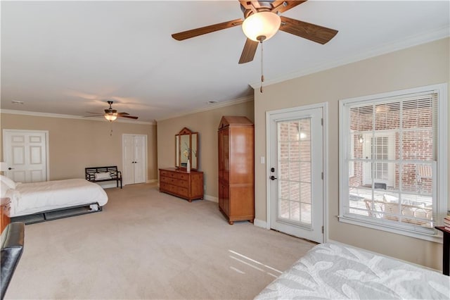 1485 Rolling Links Dr, Alpharetta, GA 30004 - bedroom featuring light carpet, ornamental molding, baseboards, ceiling fan, and access to outside