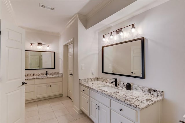 1485 Rolling Links Dr, Alpharetta, GA 30004 - full bath featuring two vanities, ornamental molding, and tile patterned floors