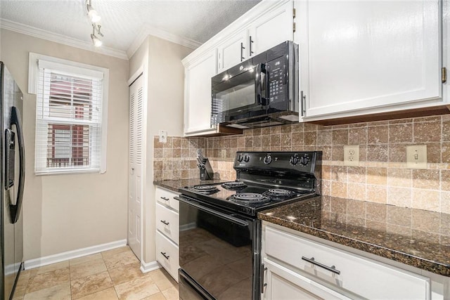 kitchen with white cabinetry, tasteful backsplash, black appliances, and dark stone counters