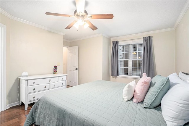 bedroom with crown molding, ceiling fan, and dark hardwood / wood-style floors