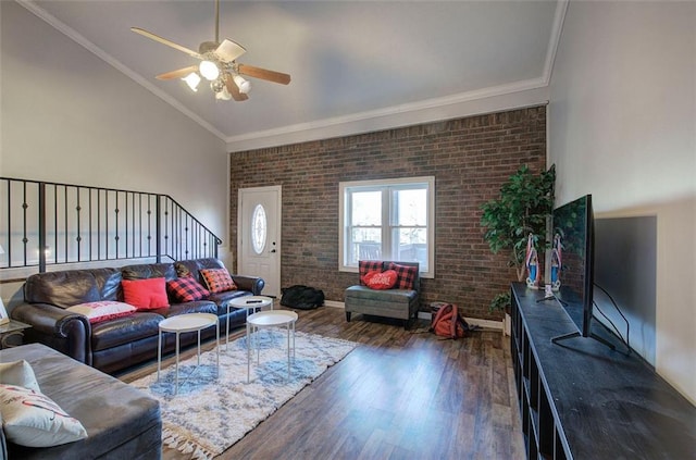 living room featuring crown molding, high vaulted ceiling, and dark wood-style flooring