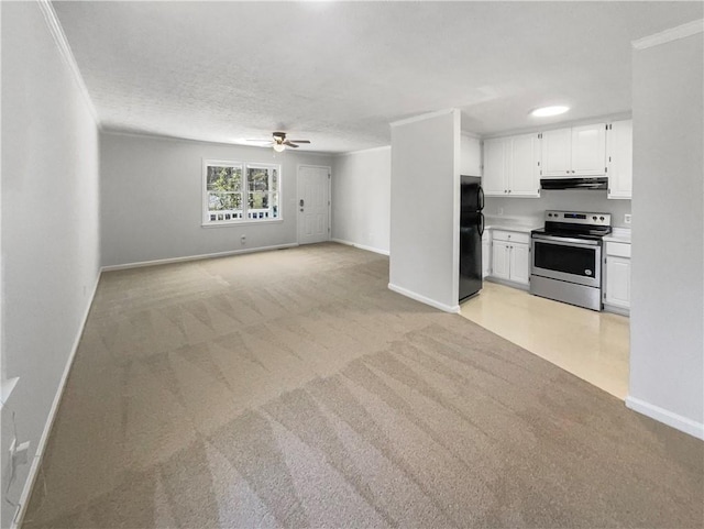 unfurnished living room with baseboards, ornamental molding, and a ceiling fan