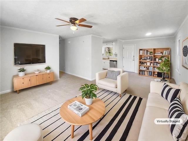 living area with light carpet, ornamental molding, and baseboards