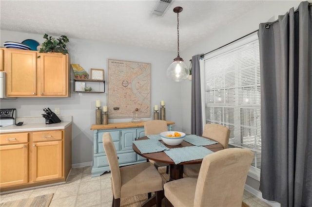 dining space with healthy amount of natural light, a textured ceiling, and baseboards