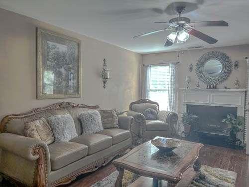 1127 Oak Hollow Ct, Hampton, GA 30228 - living room featuring ceiling fan, wood finished floors, and a fireplace