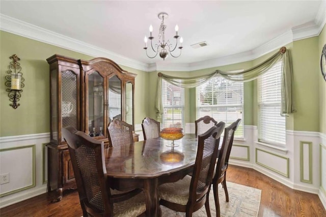 1127 Oak Hollow Ct, Hampton, GA 30228 - dining room featuring a chandelier, plenty of natural light, wainscoting, a decorative wall, and dark wood-style flooring