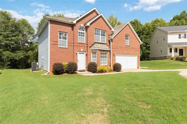 1127 Oak Hollow Ct, Hampton, GA 30228 - view of front of property with brick siding, a garage, driveway, a front yard, and cooling unit