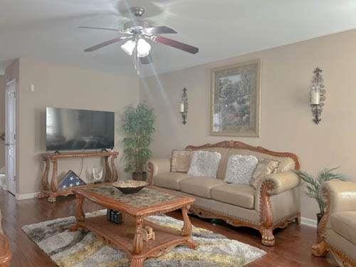 1127 Oak Hollow Ct, Hampton, GA 30228 - living room with a ceiling fan, baseboards, and wood finished floors